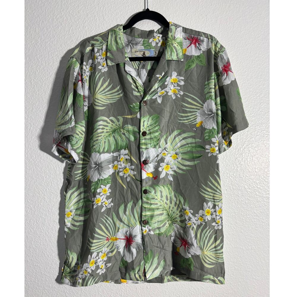 High Surf Men's Size M Gray Tropical Hawaiian Floral Leaf Button-Up Beach Shirt